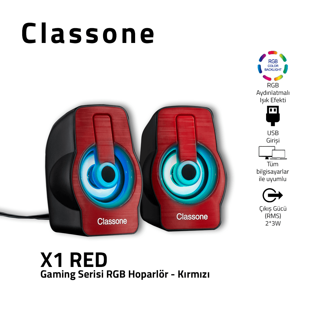 Classone X1 Red RGB Gaming Hoparlör - Kırmızı